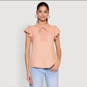 Lovely Peach Crochet Front Ruffle Sleeve Top Peach